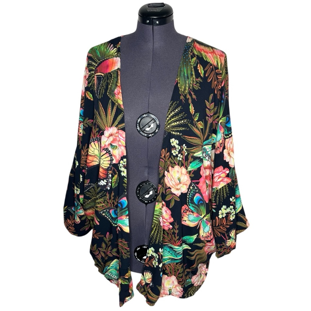 Farm Rio Floral Garden Reversible Open Front Kimono Animal Print Boho Topper - Picture 2 of 16
